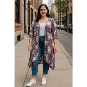 Torrid Floral Kimono Hi Low Duster Cardigan Womens Size 4X Purple Cottage Boho